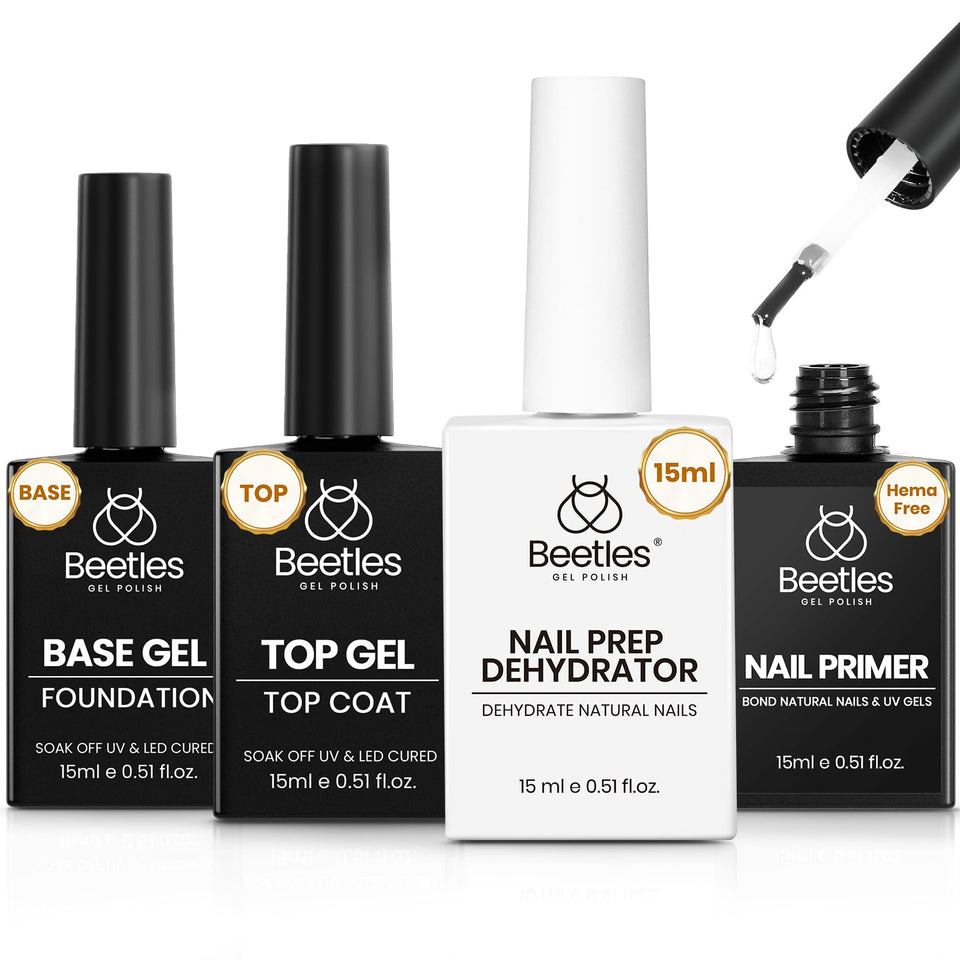 Beetles Gel Polish front packaging showing full 4-piece kit, professional prep benefits