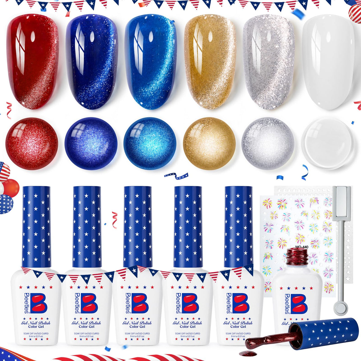 Beetles Gel Polish front packaging showing six patriotic gel bottles, clear kit contents benefit