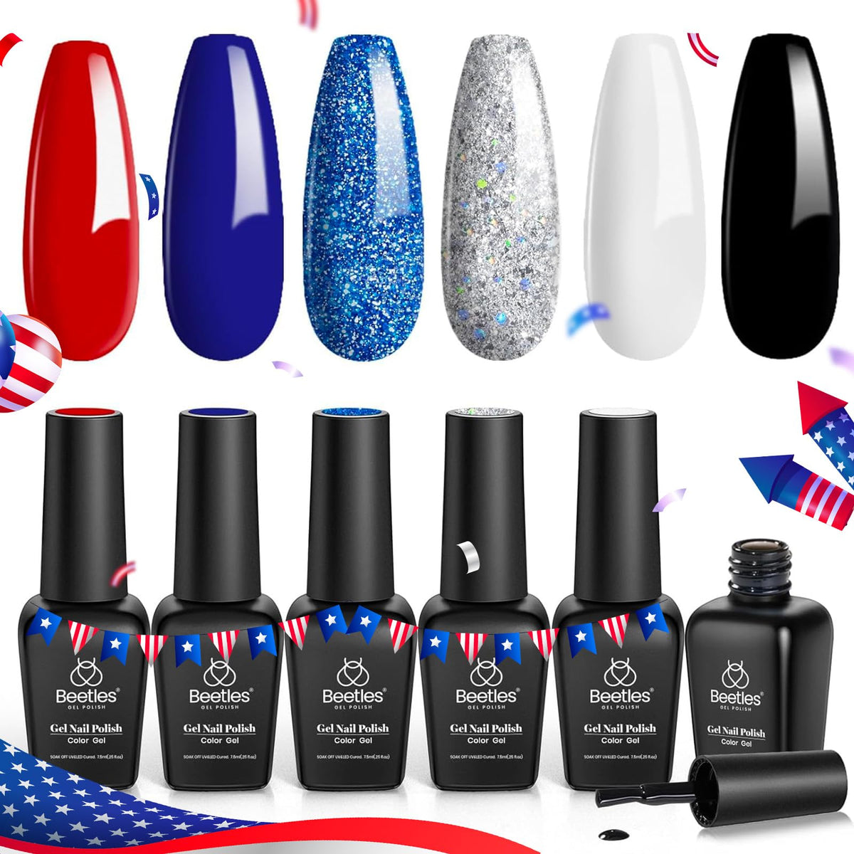 Beetles front packaging showing six patriotic gel polishes and benefits