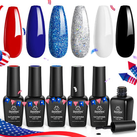 Beetles front packaging showing six patriotic gel polishes and benefits