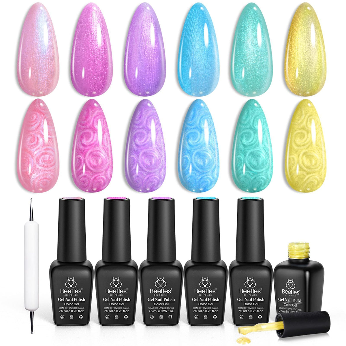 Beetles front packaging showing six pearlescent gel bottles and vibrant colors