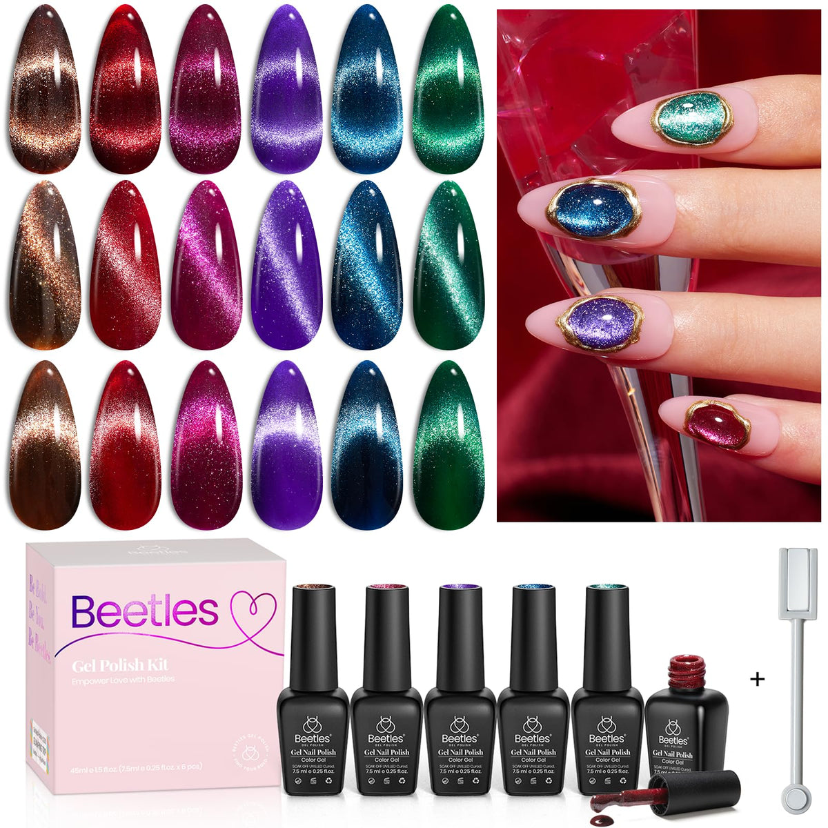 beetles front packaging showing six gel polish bottles and magnet, highlights set