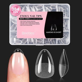 Beetles packaging of 384 almond extra short gel tips with organized sizes for convenience