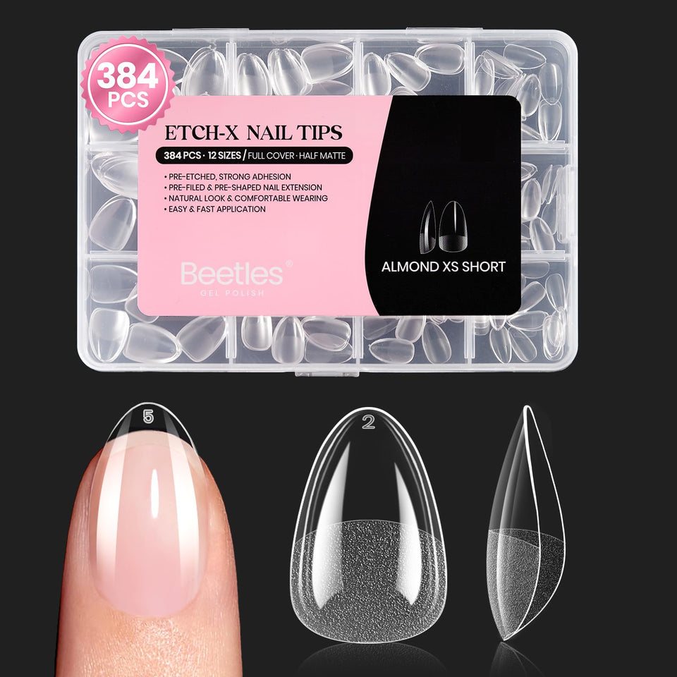 Beetles packaging of 384 almond extra short gel tips with organized sizes for convenience