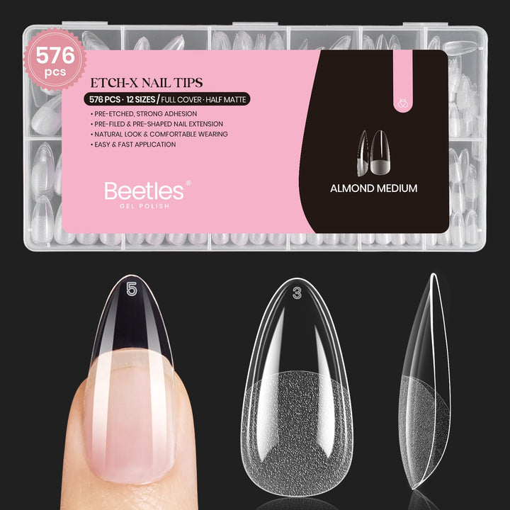 beetles front packaging showing 576pcs clear almond tips with readable brand