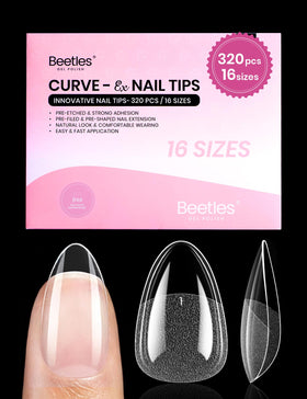 Beetles Gel Polish front packaging showing almond short Curve-EX tips and quantity benefits