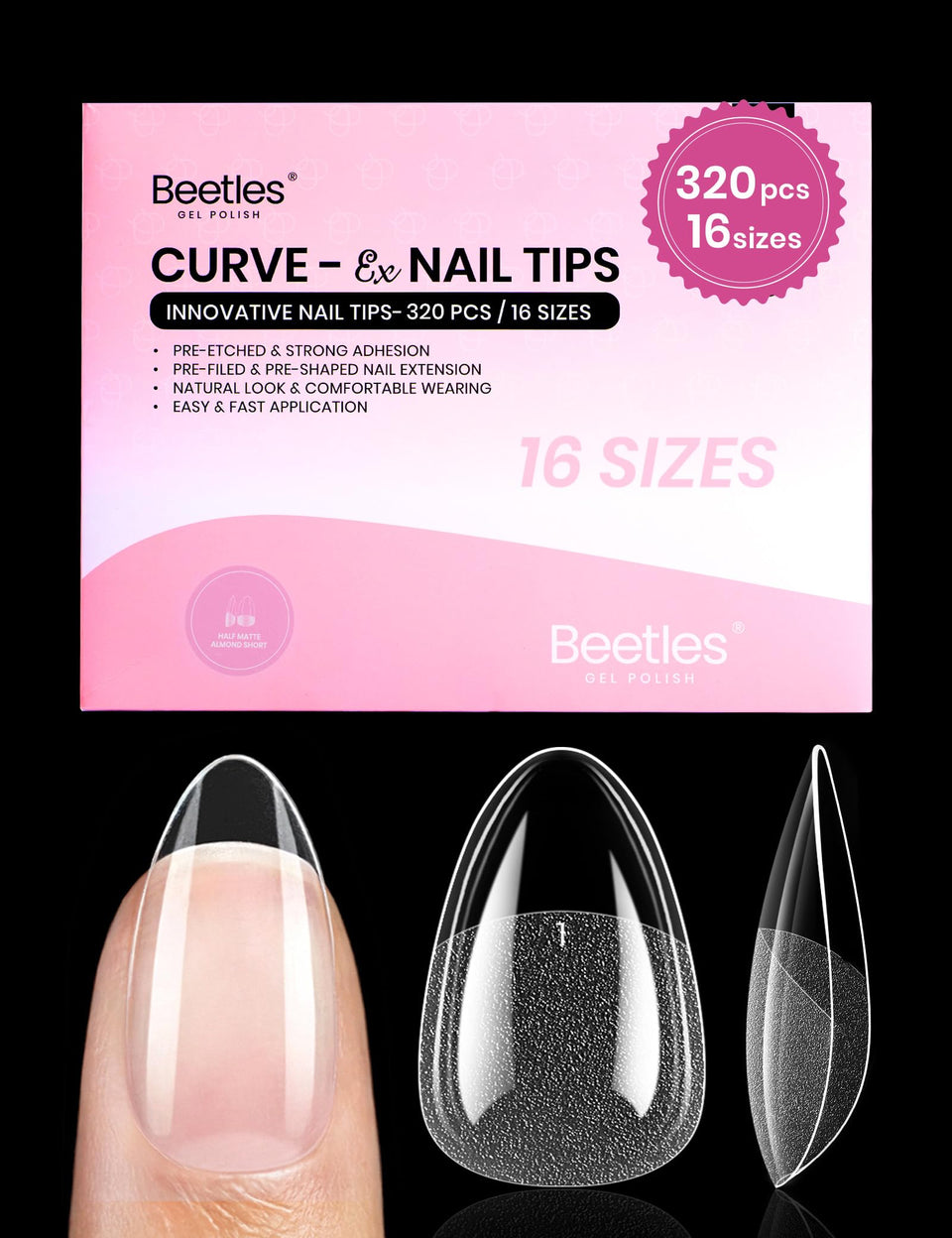 Beetles Gel Polish front packaging showing almond short Curve-EX tips and quantity benefits