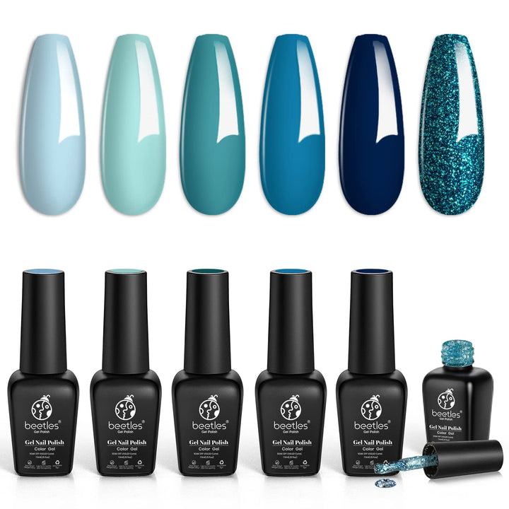 Beetles front packaging blue teal set showing six gel bottles and jewel tones for gifting