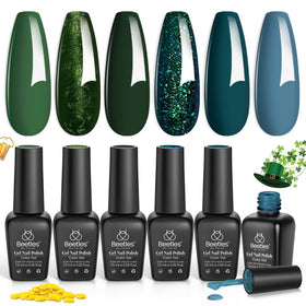beetles front packaging showing six green gel bottles and label, displays variety
