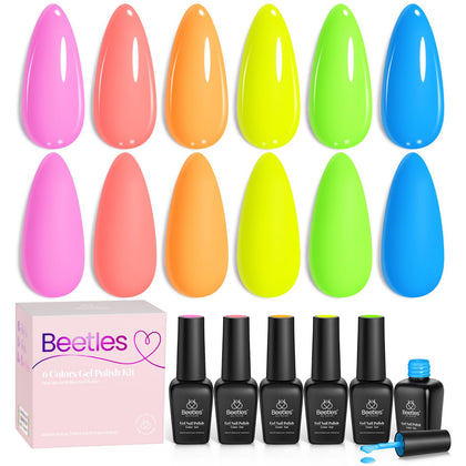 Beetles Gel Polish front packaging showing six neon colors and summer appeal