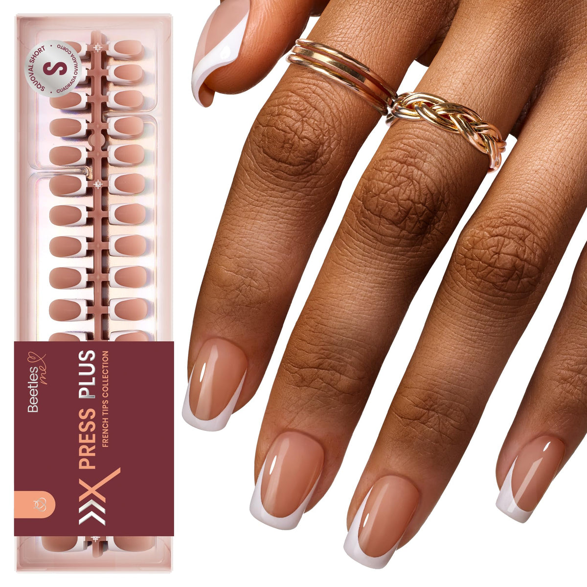 Beetles front packaging showing 224 brown French-tip nails and sizes, clear selection benefit