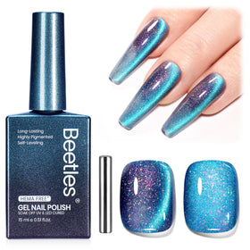 beetles brand front bottle showing chameleon blue finish and shimmer benefit