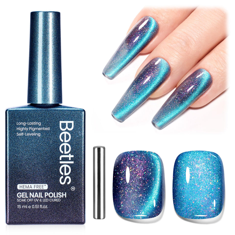 beetles brand front bottle showing chameleon blue finish and shimmer benefit
