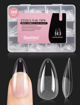Beetles brand front packaging showing 288 clear almond tips and fast application benefit
