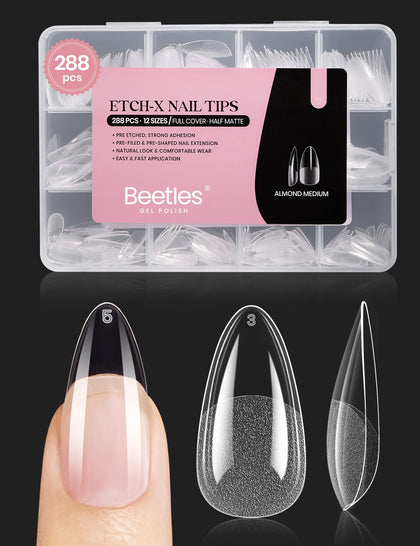 Beetles brand front packaging showing 288 clear almond tips and fast application benefit