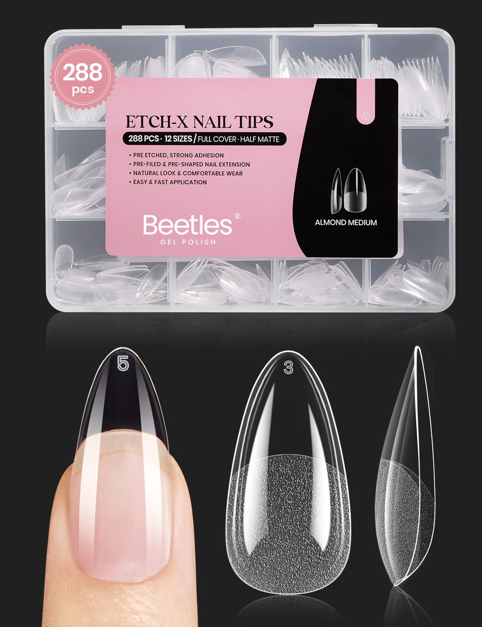 Beetles brand front packaging showing 288 clear almond tips and fast application benefit