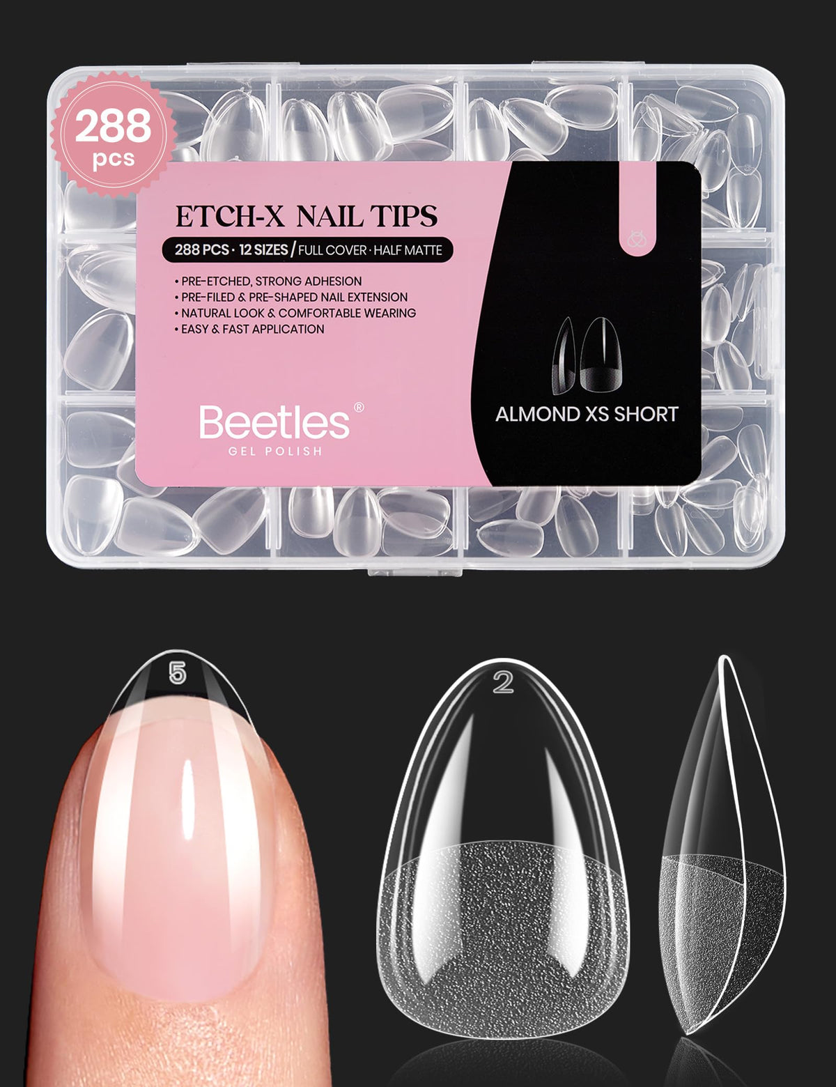 Beetles Gel Polish front packaging showing 288 clear almond tips and benefits