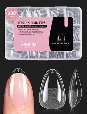 Beetles Gel Polish front packaging showing 288 clear almond tips and benefits