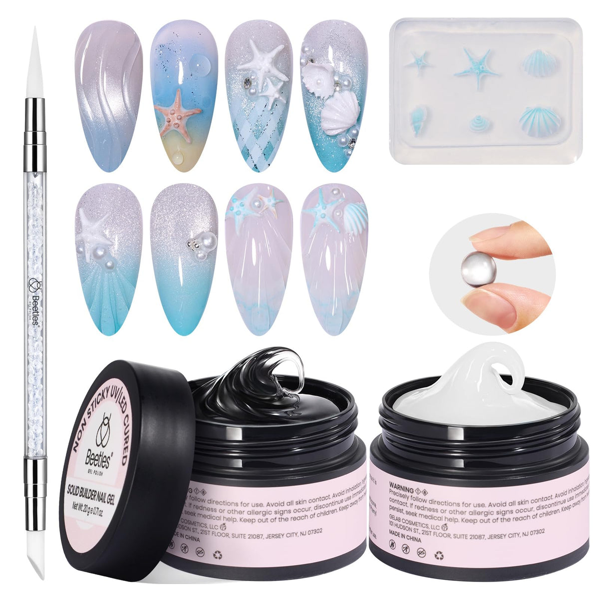 beetles front packaging showing clear and white builder gels and benefits