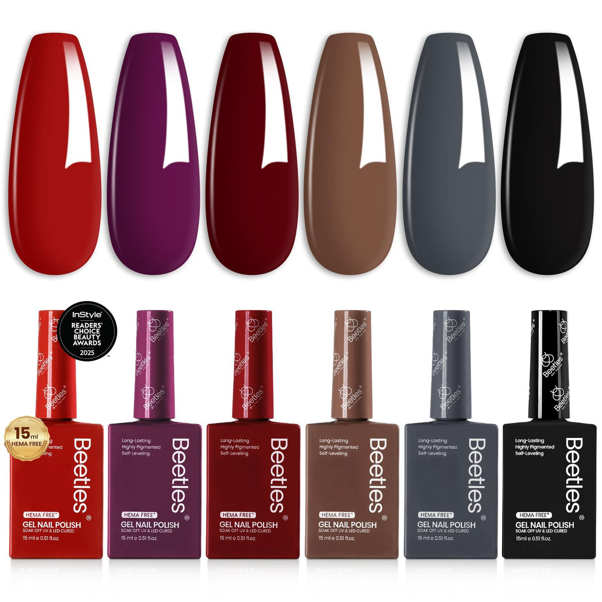 beetles gel polish front packaging showing six 15ml bottles and label benefit