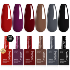 beetles gel polish front packaging showing six 15ml bottles and label benefit