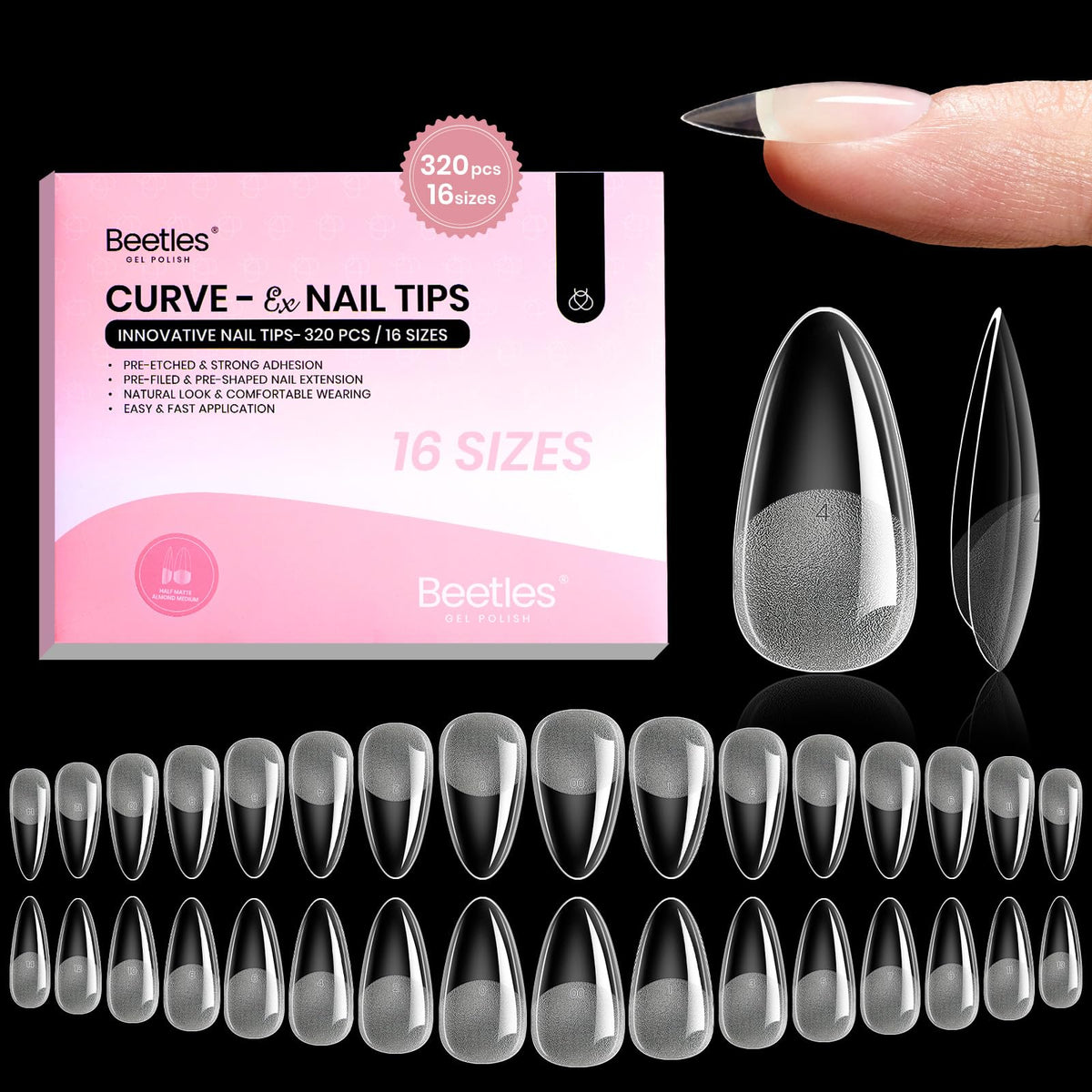 beetles front packaging showing 320pcs kit and almond shape for easy identification