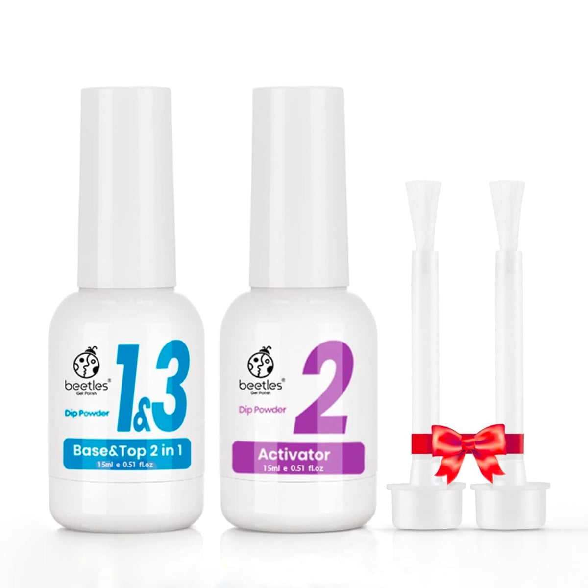 Beetles front packaging showing compact dip liquid kit and contents, easy home use