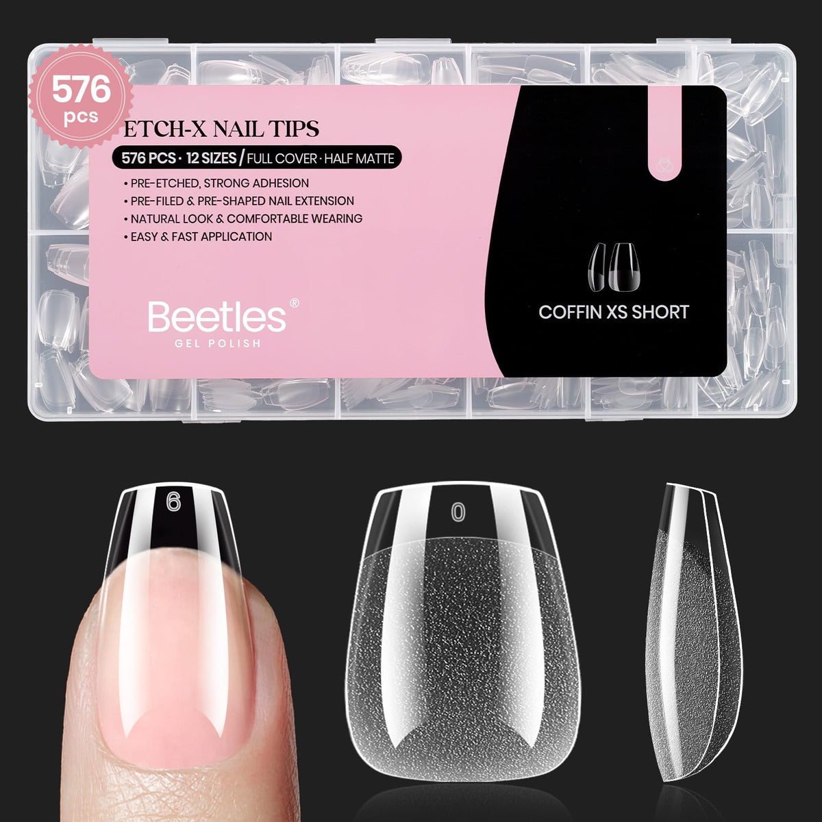 Beetles Gel Polish front packaging showing 576 extra-short coffin tips for easy styling