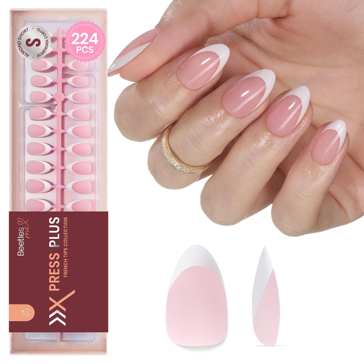 beetles gel polish front packaging showing 224-piece French tips set and benefits