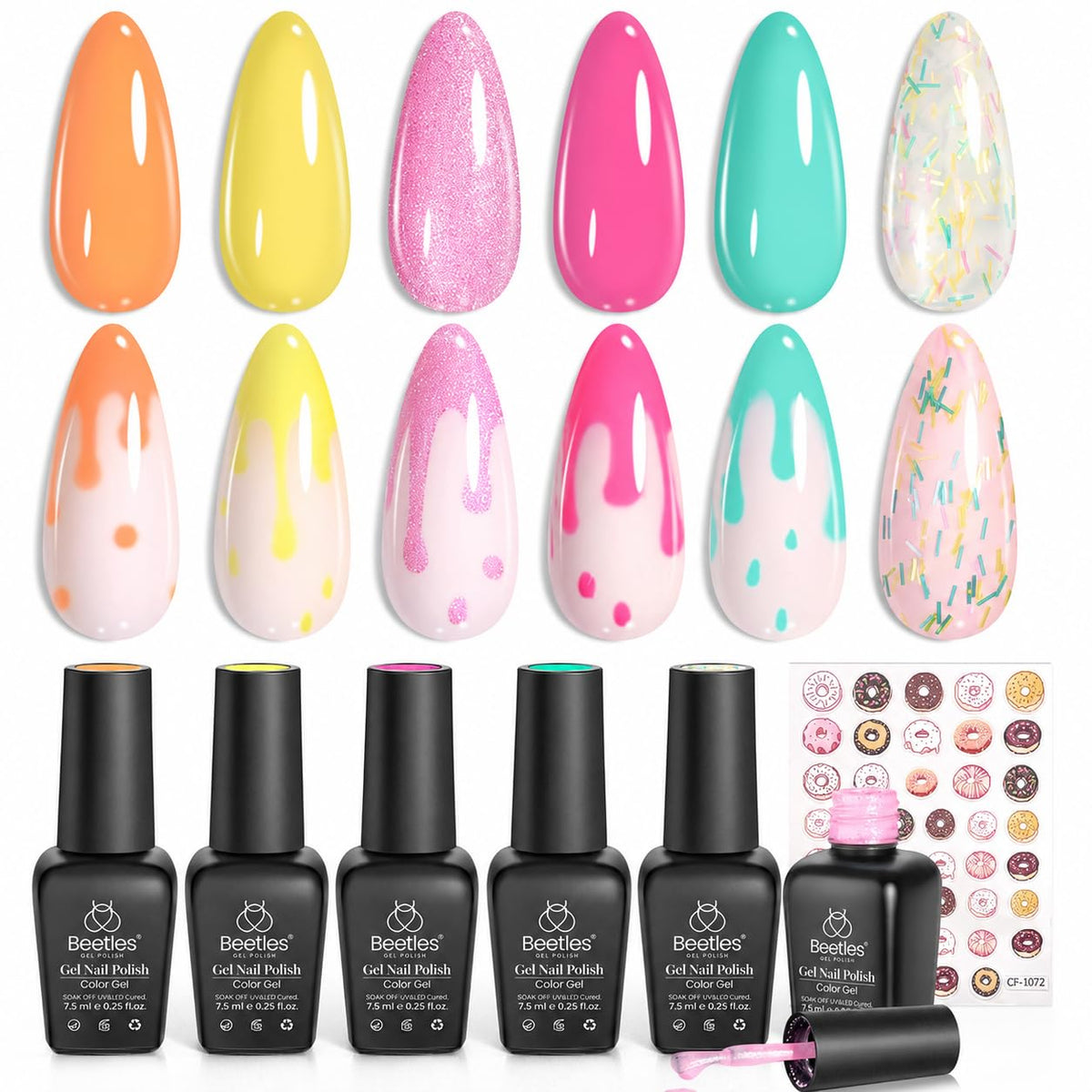 Beetles Gel Polish front packaging showing six pastel summer shades and stickers for easy gifting