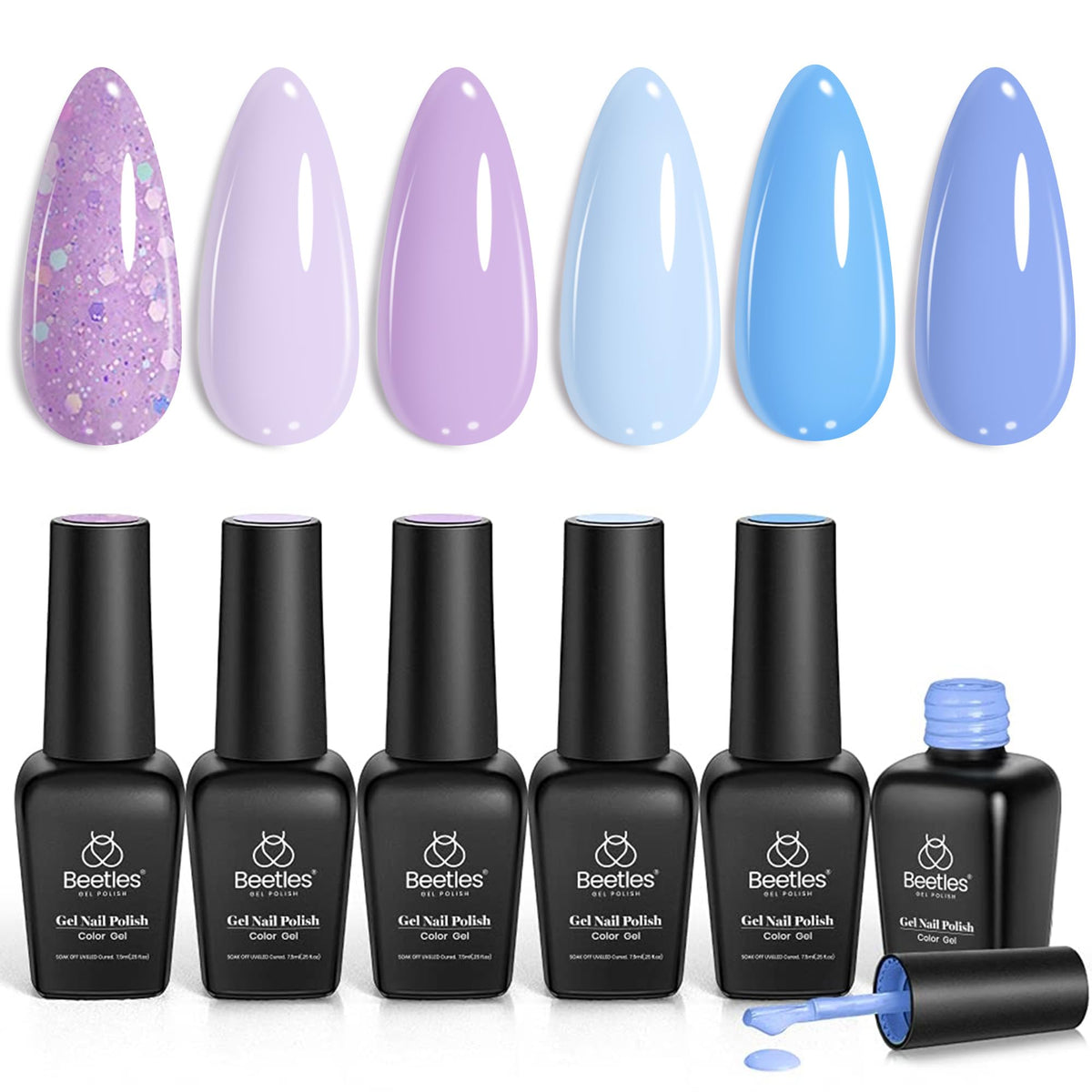 beetles front packaging showing six gel bottles and kit, salon-ready presentation