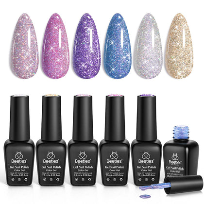 beetles Gel Polish front packaging showing six glitter bottles and kit benefits