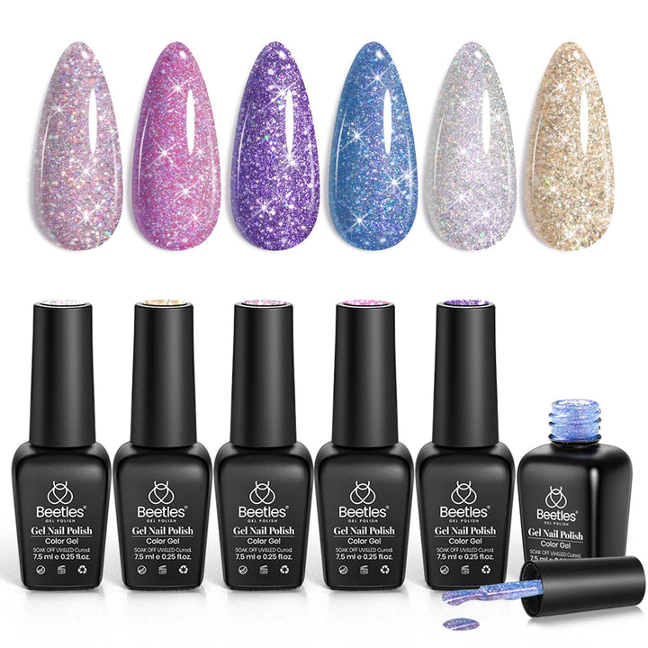 beetles Gel Polish front packaging showing six glitter bottles and kit benefits