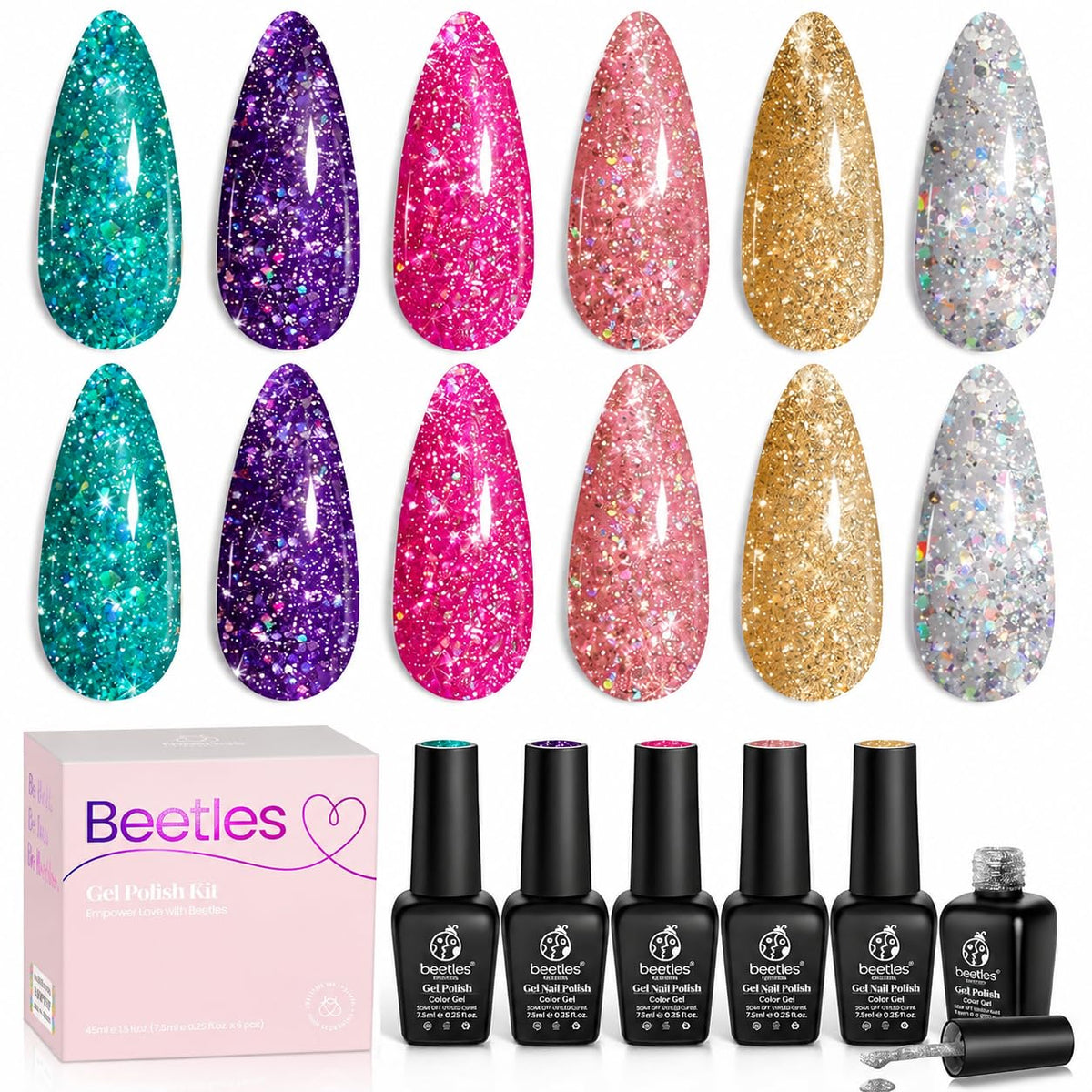 Beetles Gel Polish front packaging showing six glitter shades and kit benefit