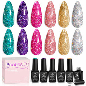 Beetles Gel Polish front packaging showing six glitter shades and kit benefit