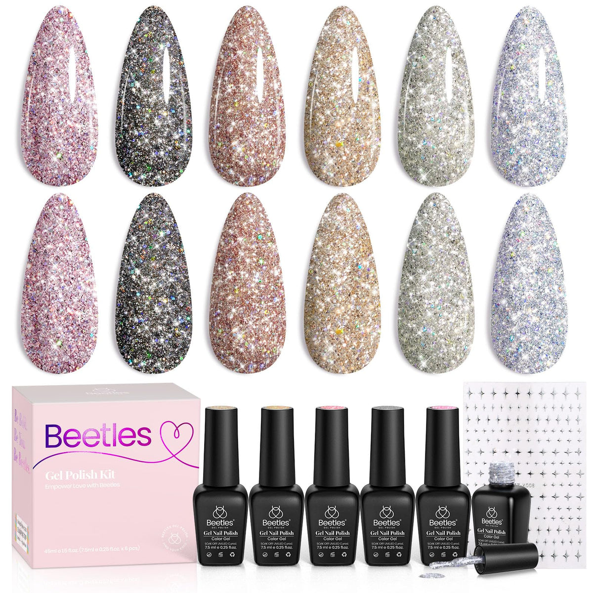 beetles front packaging showing six glitter gel bottles and stickers for gifting