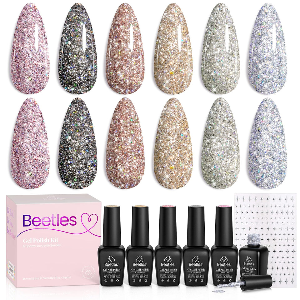beetles front packaging showing six glitter gel bottles and stickers for gifting