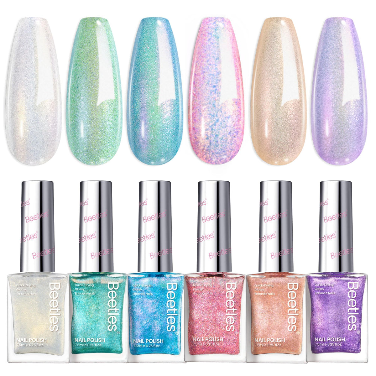 beetles front packaging showing six glitter polishes and clear labeling, showcasing convenience