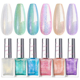 beetles front packaging showing six glitter polishes and clear labeling, showcasing convenience