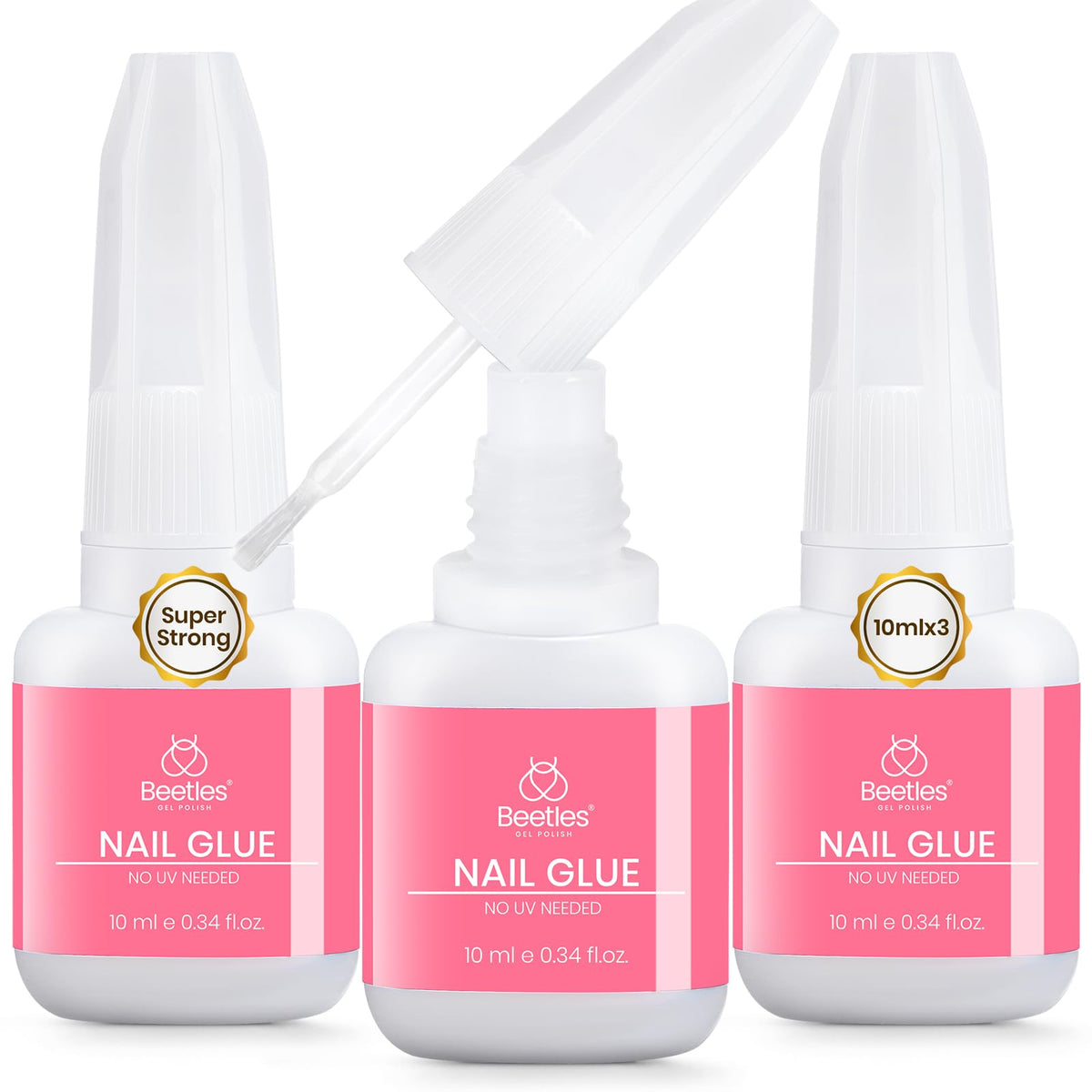 beetles front packaging showing three glue bottles and quick-dry benefit