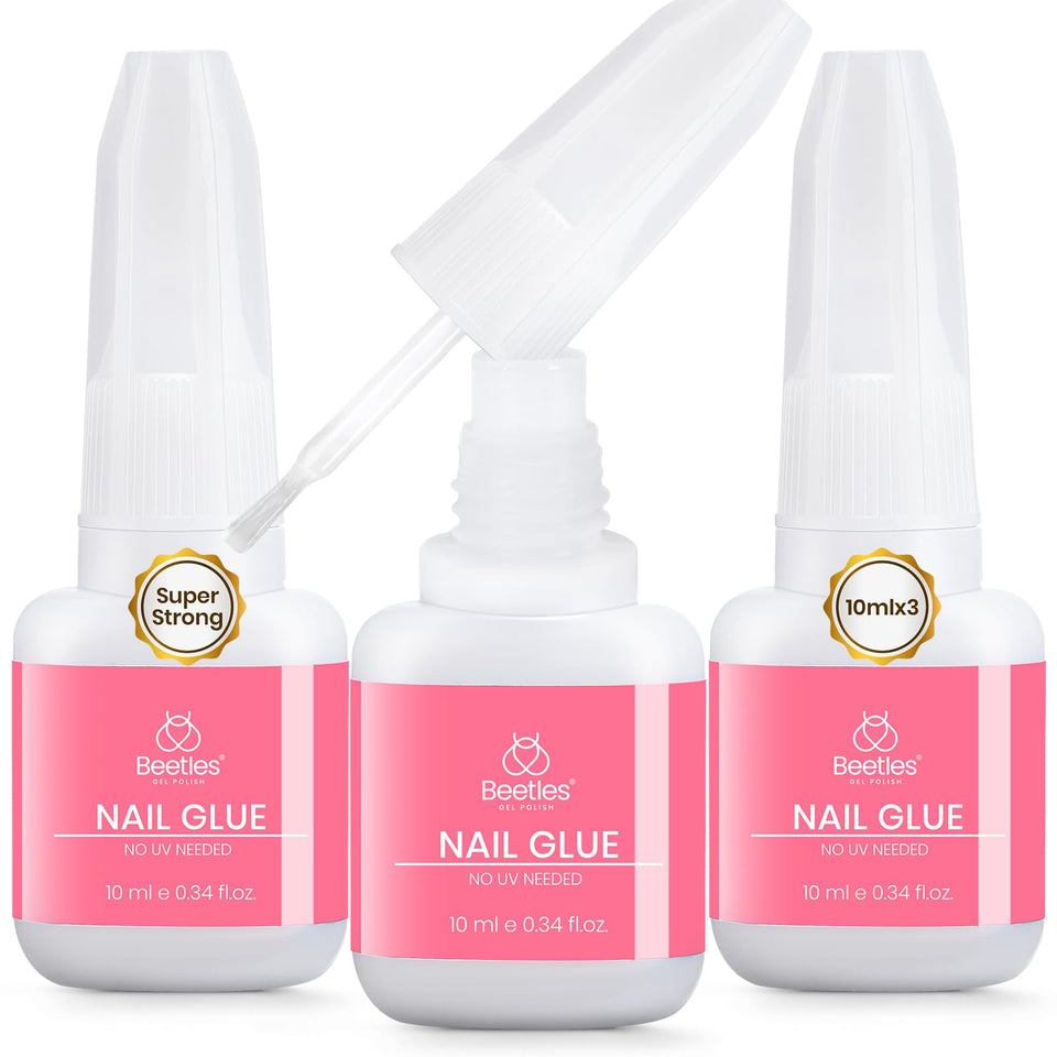 beetles front packaging showing three glue bottles and quick-dry benefit