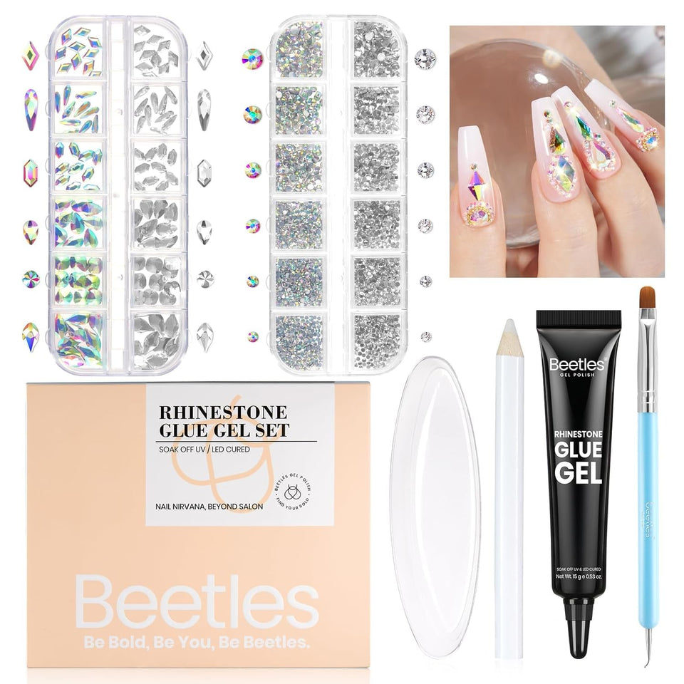 Beetles Gel Polish front packaging showing glue and gems, organized for convenience