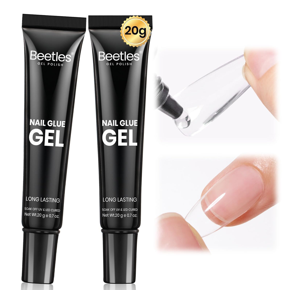 beetles front packaging showing glue gel and labeling, clear presentation and brand trust