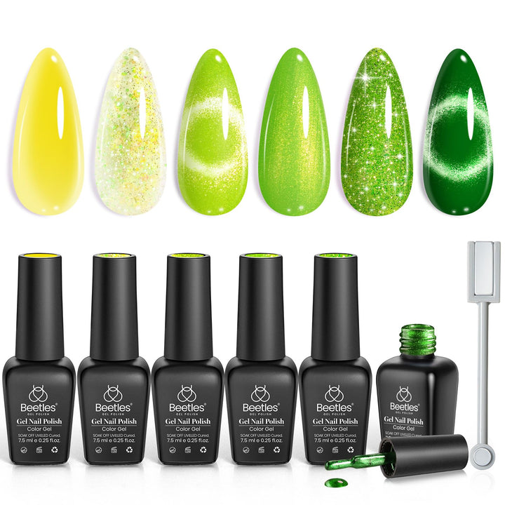 beetles front packaging showing six gel polish bottles and magnet for quick identification and convenience