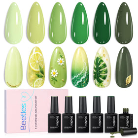 Beetles front packaging showing six green gel polish bottles and kit benefit
