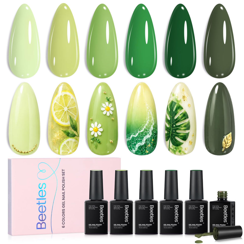 Beetles front packaging showing six green gel polish bottles and kit benefit