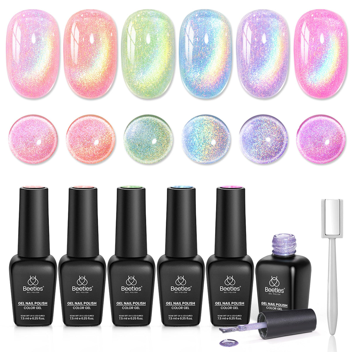 beetles front packaging showing six iridescent colors and magnet benefit
