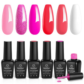 Beetles front packaging showing six hot pink gel bottles and colors benefit color variety