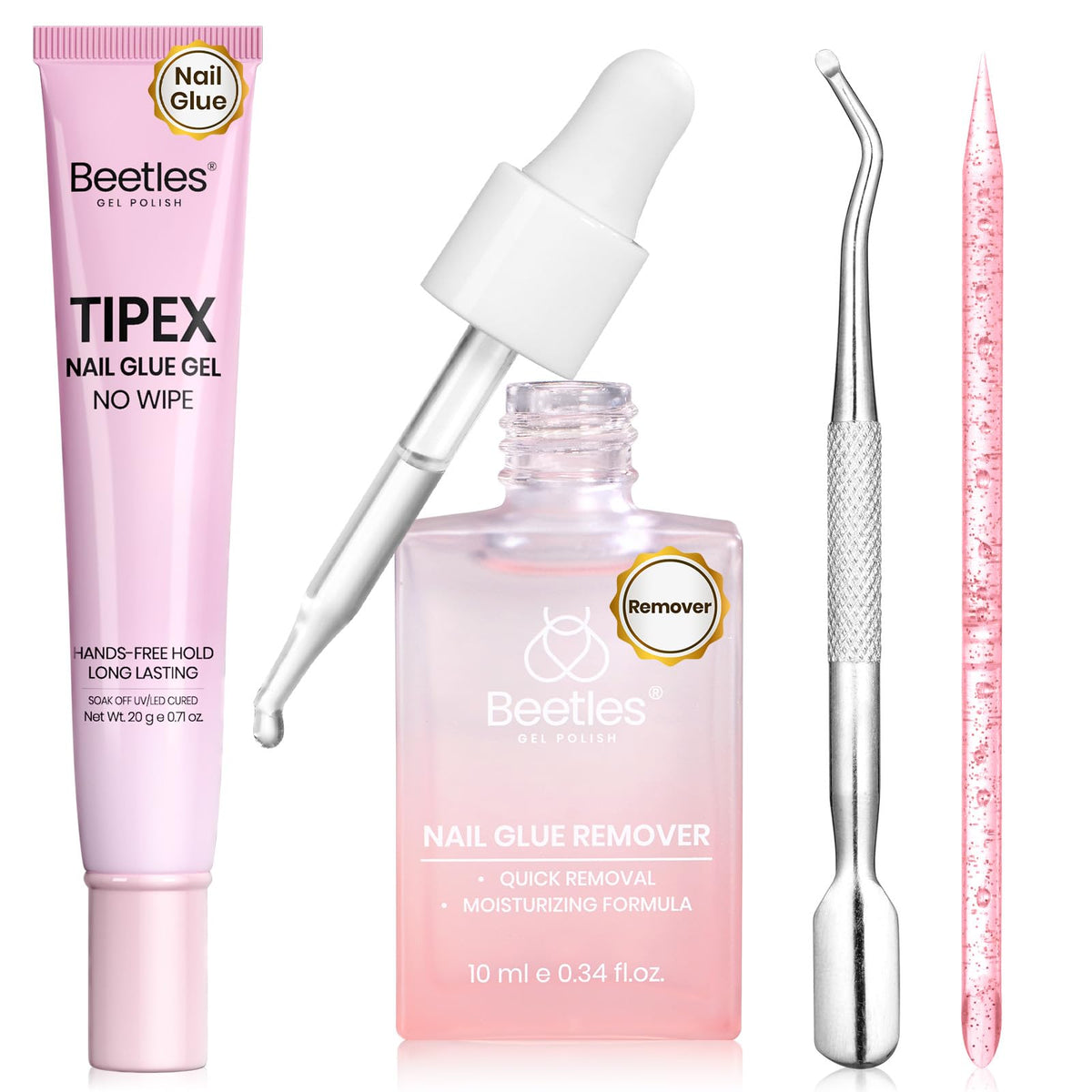 Beetles kit front packaging showing glue, remover and tools for easy at‑home use
