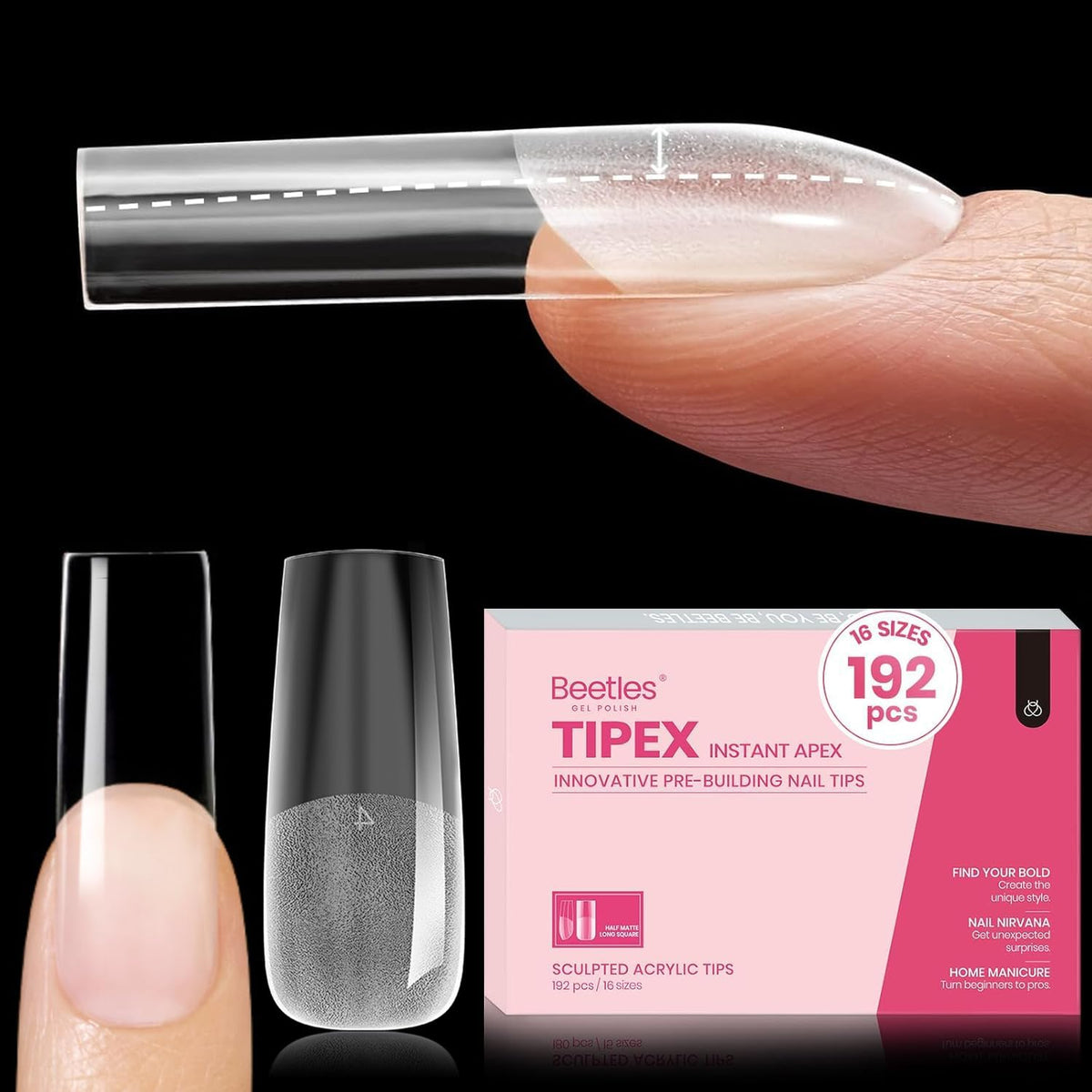 Beetles Gel Polish front packaging showing 192 long square tips and benefits